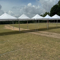 A row of white pop-up canopies set up on a grassy field under a partly cloudy sky.